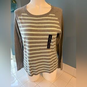 NWT Gap Lightweight Crewneck Henley Sweater Green & Gray stripe Long Sleeve